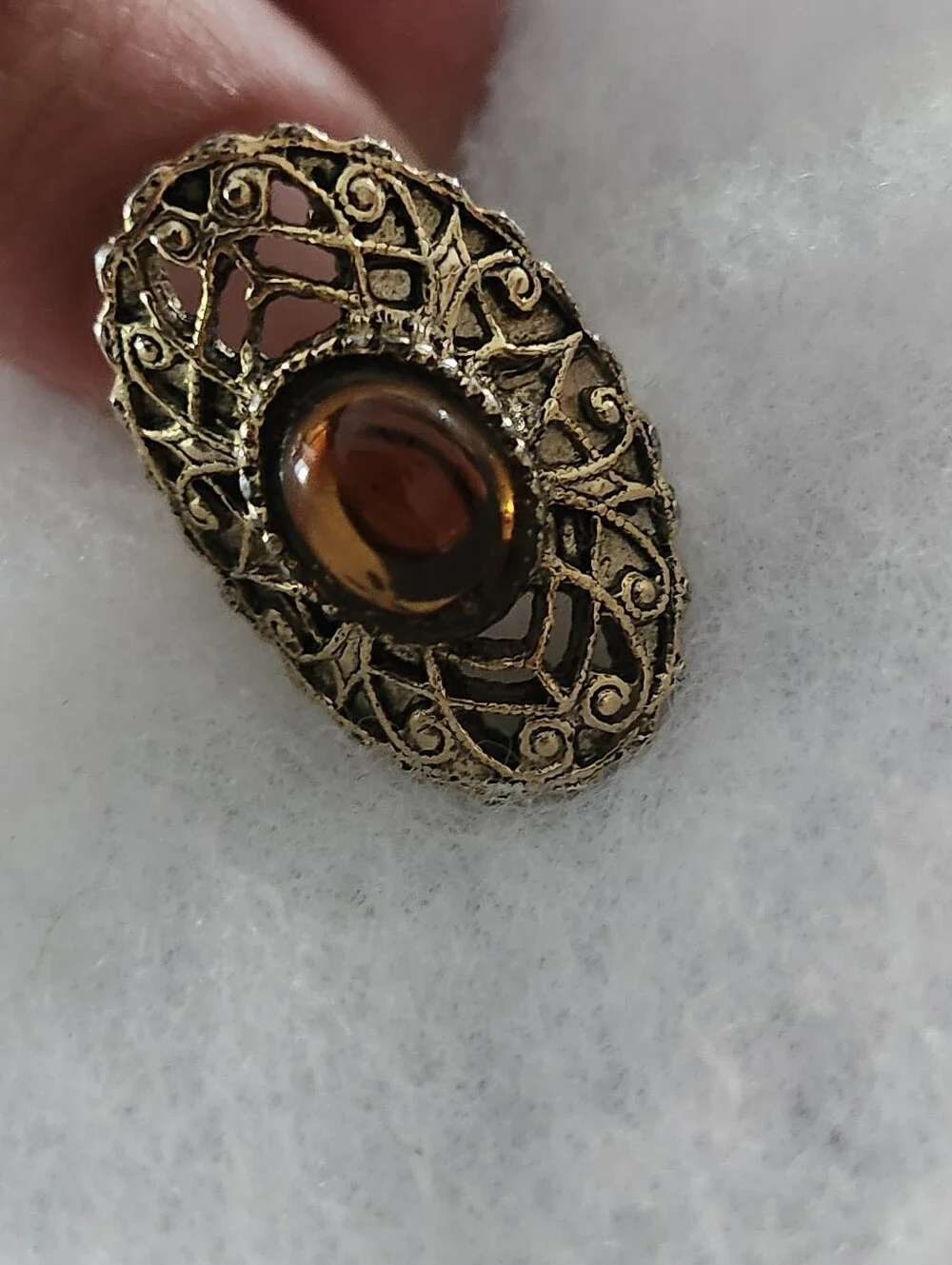 Vintage Filigree Oval Ring with Amber Cabochon